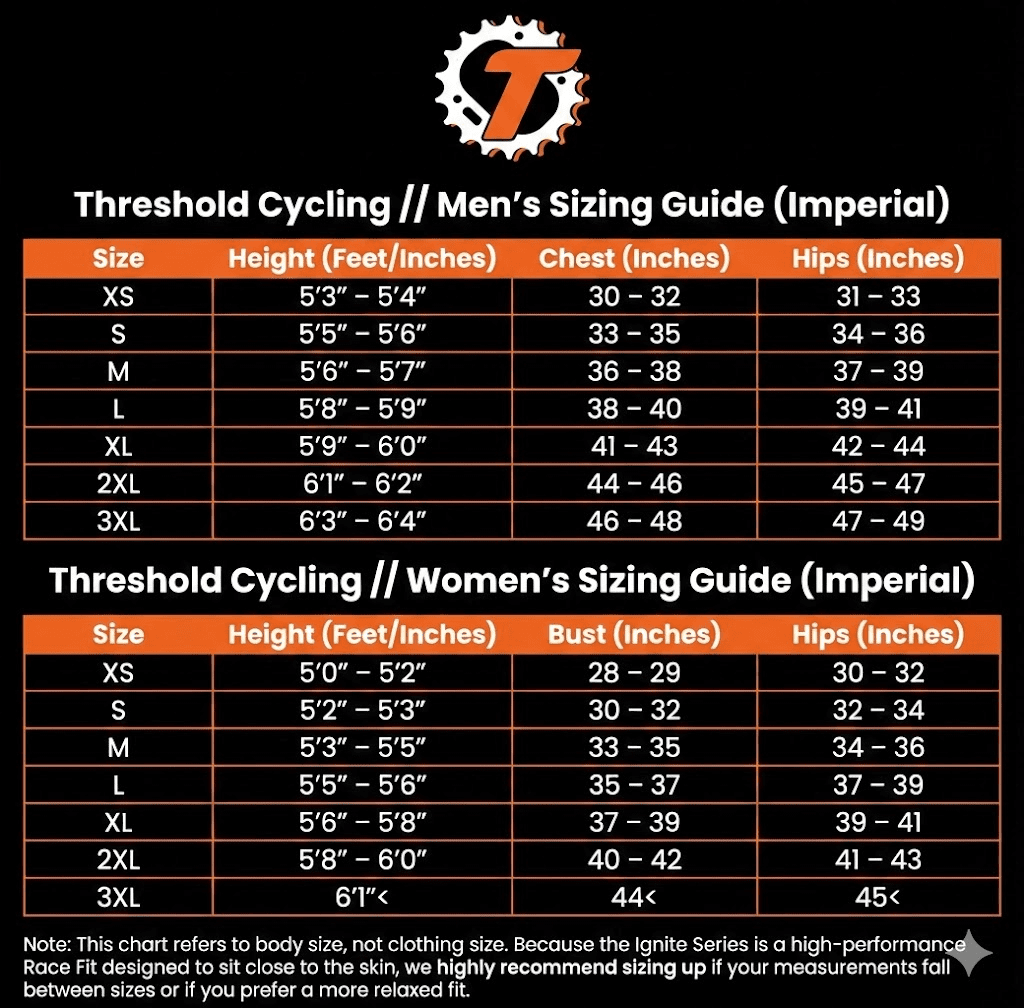 Threshold Cycling sizing guide for men and women on a black background