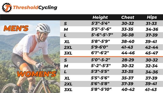 Threshold Cycling sizing guide for men and women on a black background
