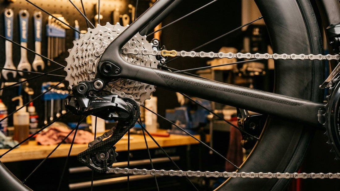 Close-up of a freshly waxed 12-speed bicycle chain with gold Quick-Link on a carbon road bike cassette and derailleur | Threshold Cycling