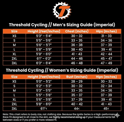 Threshold Cycling sizing guide for men and women on a black background