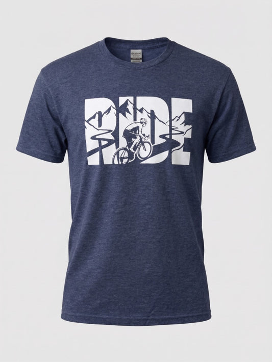 Threshold Cycling "RIDE" Graphic T-Shirt in Heather Navy - Front View