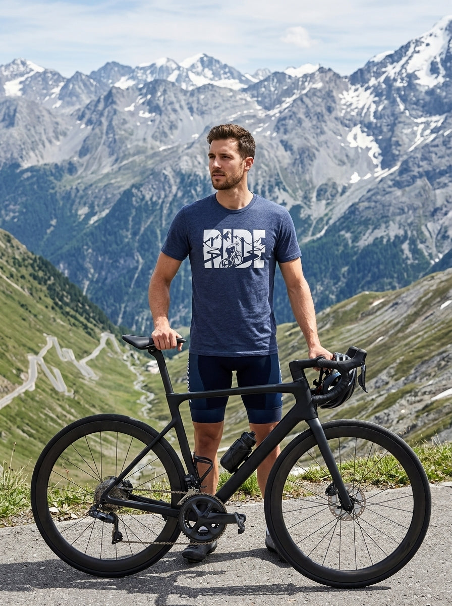 Threshold Cycling "RIDE" Graphic T-Shirt - Cyclist at Alpine Mountain Pass Overlook