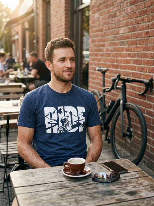 Threshold Cycling "RIDE" Graphic T-Shirt - Cyclist at Cafe Espresso Stop